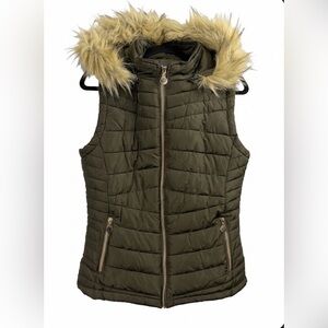 YMI Olive Green Quilted Puffer Vest Removable Faux Fur Hood Large